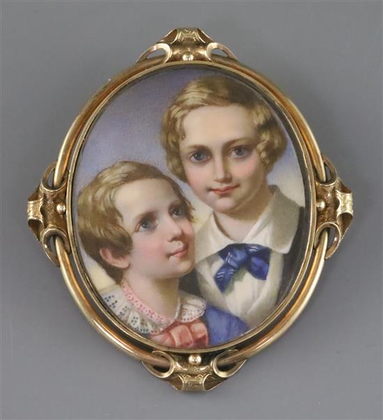 Victorian School Miniature portrait of two boys 2.5 x 2in., hair back frame